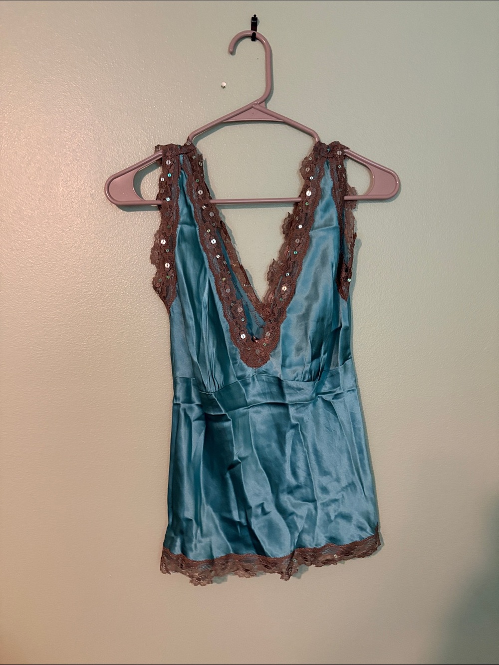 Gold Hawk Aquatic Satin Camisole with Brown Lace Trim